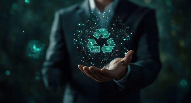 Businessman holding futuristic green recycling symbol with digital interface in hands