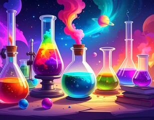 Colorful beakers and flasks in a cosmic scene