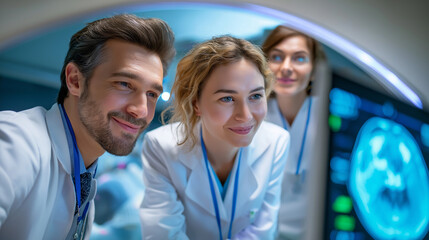 Male doctor and female radiologist managing a female patient’s CT scan in a modern medical laboratory, CT scan medical team, high-tech radiology diagnostics, patient imaging monito
