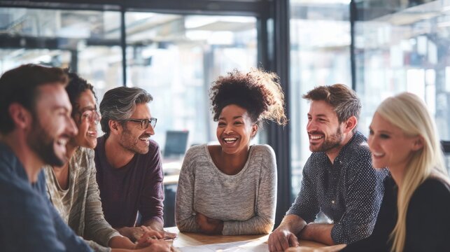 Diverse Group of Happy People Gathering Around Table in Modern Office Space.