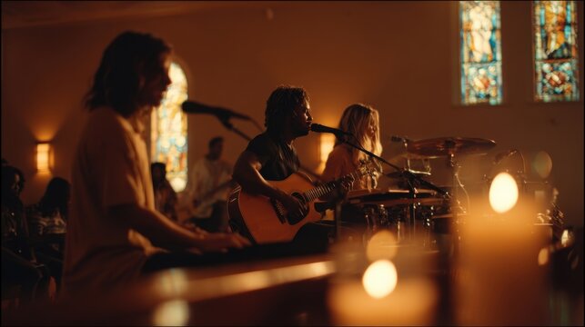Intimate live music performance in warm dimly lit setting with stained glass windows.
