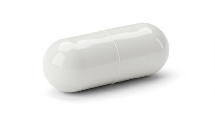 High-Resolution Image of a Single White Capsule Pill on a Pure White Background: Perfect for Pharmaceutical, Medical, and Healthcare Designs, Websites, and Presentations.  This image offers a clean...