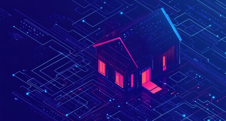 Digital blue background with an isometric house amidst a complex network pattern illuminated with futuristic neon lights