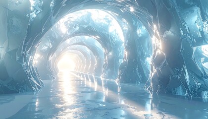 Icy cave tunnel, light at end