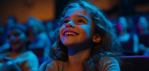 Young girl with curly hair, smiling brightly in a theater, illuminated by soft blue light, surrounded by an audience, capturing the joy of watching a performance