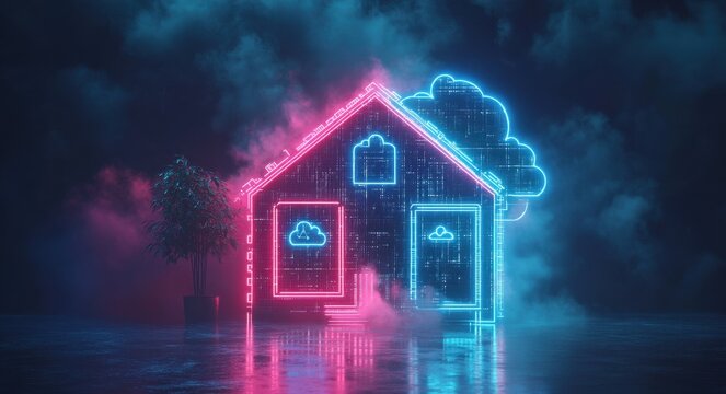 Futuristic digital concept with AI-powered house hologram glowing in neon colors against a smoky atmospheric background