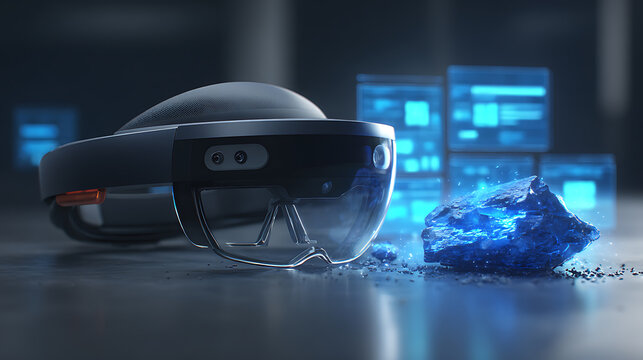 Augmented reality headset with holographic display and glowing blue mineral on a dark surface - Powered by Adobe