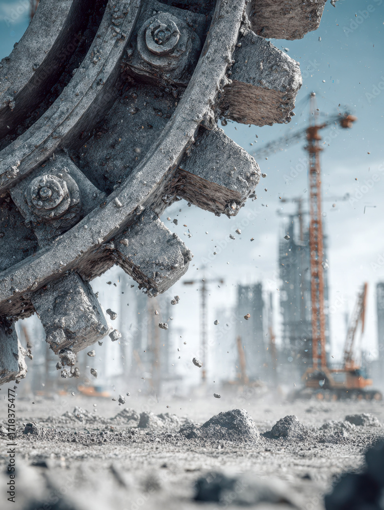 Poster close-up of heavy machinery track tire working on a construction site with cranes and building frame