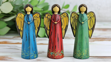 Fototapeta premium Image of three angel figurines in blue, red, and green with golden wings on a wooden background. Symbolizes spirituality and harmony. Suitable for decor, religion, and coziness themes. High quality, w