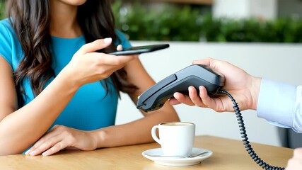 Woman using phone to pay at restaurant. Modern contactless technology brings convenience. Cashless payment, digital wallet, modern life. - Powered by Adobe