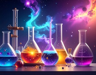 Colorful beakers with glowing liquids in space