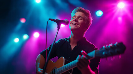 Obraz premium Handsome country singer playing guitar and singing passionately under neon lights at a music festival, young country musician, festival stage performance, cinematic neon spotlights