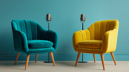 Two modern colorful armchairs with vintage microphones in a cozy setting against a turquoise wall symbolizing an engaging conversation or interview space