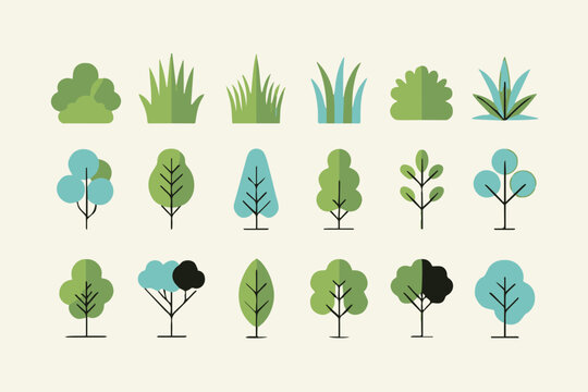 collection of vector shrubs grasses and trees in simplified geometric style for botanical and landscape projects