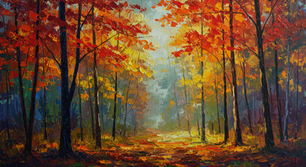 An oil painting depicting a golden autumn forest, with rich reds and oranges blending through textured brushstrokes.