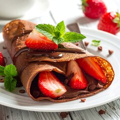 Chocolate crepe with strawberries and chocolate sauce