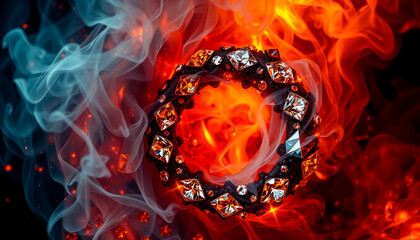 a magnificent complex spiral of diamonds and gemstones, shrouded in fire and smoke