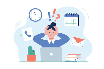 multitasking business concept with stressed employee at desk laptop calendar clock email vector illustration