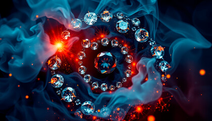 a magnificent complex spiral of diamonds and gemstones, shrouded in fire and smoke