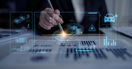 Technical layout of electric vehicle showing battery system, power control, traction motor, charging interface, and integration with renewable and smart energy sources Latch