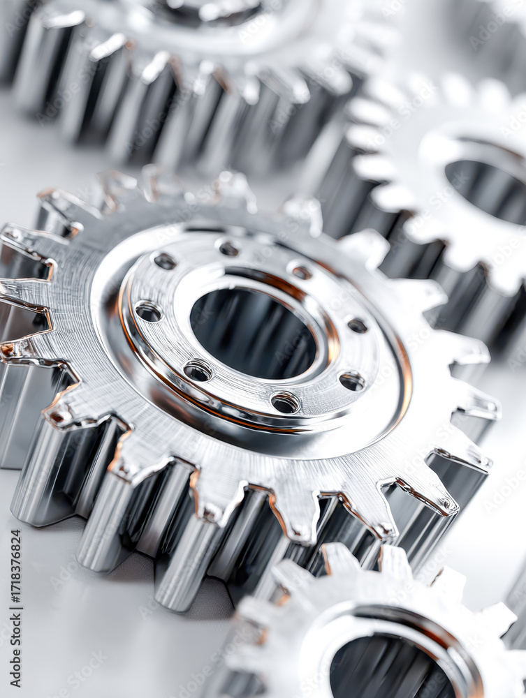 Poster close-up of metallic gears highlighting precision engineering and mechanical components