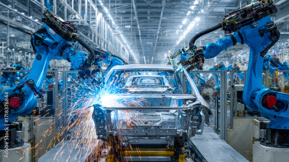 Poster automated robotic manufacturing of car frames in an industrial factory setting