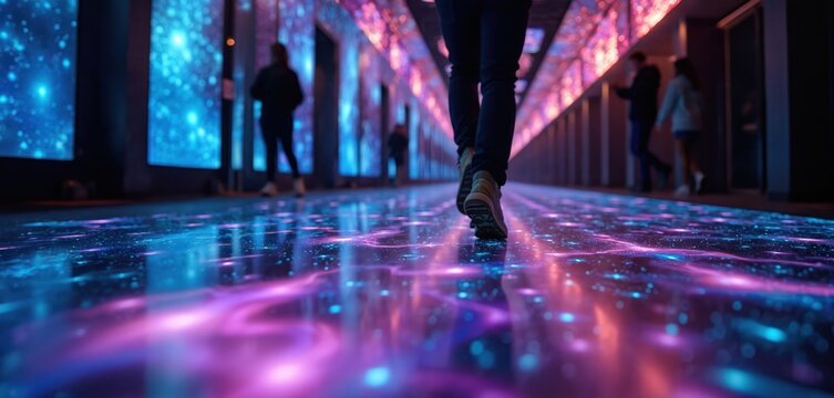 Visitor walks on illuminated interactive floor projection mapping installation art. Futuristic, immersive experience with digital lights, vibrant colours. Abstract, modern, creative design for