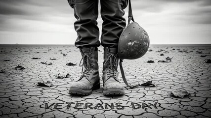 Soldier boots and helmet in desolate landscape for Veterans Day remembrance. Veterans Day scene shows soldier's gear on cracked earth. Veterans Day imagery provides solemn mood,