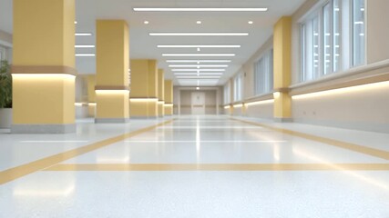 wide hallway in emergency department with directional lighting lines architectural clarity in urgent situations three quarter wide angle cinematic color correction gentle