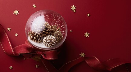 Elegant Christmas Snow Globe Featuring Pine Cones on a Festive Red Background with Sparkling Stars and a Lush Ribbon for Seasonal Decor