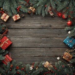 A Festive Collection of Holiday Gifts Artfully Arranged with Evergreen Decorations on a Rustic Wooden Background Creating a Cheerful Seasonal Atmosphere