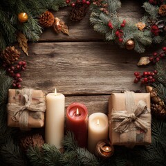 A Festive Arrangement of Christmas Decorations Featuring Candles, Gifts, and Natural Elements in a Rustic Wooden Setting Highlighting the Holiday Spirit