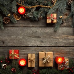 A Festive Winter Scene Featuring Wrapped Gifts, Candles, and Natural Decorations on a Wooden Surface for Holiday Celebrations