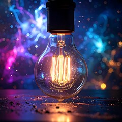 Illuminated bulb in vibrant cosmic backdrop