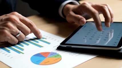 A person analyzes graphs and charts while using a tablet on a desk. A detailed close-up highlighting precision and focus. Data analysis, financial planning, modern workplace. - Powered by Adobe