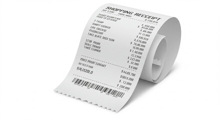 High-Resolution 3D Render of a Detailed Shopping Receipt:  Curled Paper with Itemized Purchases, Prices, and Barcode - Ideal for Finance, Accounting, and E-commerce Concepts.  Perfect for illustrat...