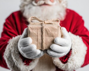 A Festive Santa Claus Holding a Gift-Wrapped Box, Spreading Joy and Cheer During the Holiday Season with His Iconic Red Outfit and Jolly Expression