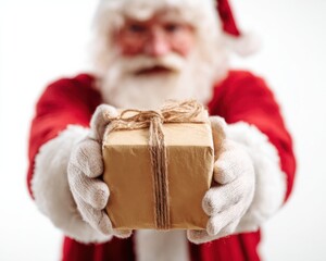 Festive Santa Claus Cheerfully Offering a Wrapped Present, Spreading Joy and Holiday Spirit with a Warm Smile and Traditional Red Outfit