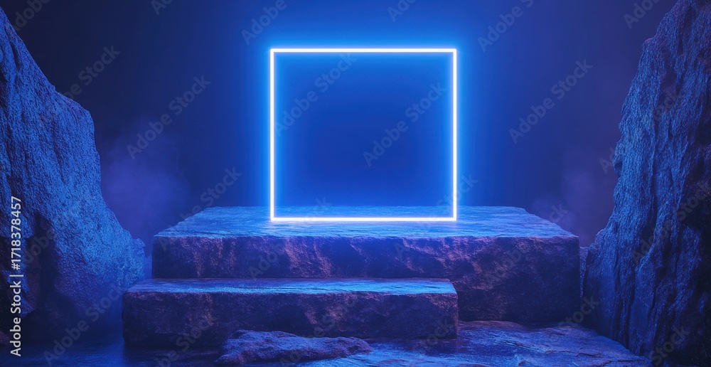 Poster mystical 3d render of a glowing neon square on stone steps surrounded by dark cliffs