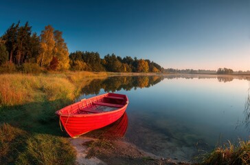 A Serene Morning at the Lake with a Vibrant Red Boat Resting on the Shores Amidst Tranquil Water and Lush Autumn Foliage Reflecting in Stillness