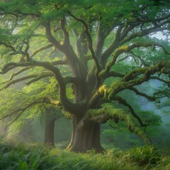 Majestic ancient oak tree with sprawling branches in a misty forest