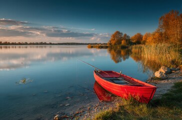 Tranquil Scene of a Red Fishing Boat on Calm Waters Surrounded by Vibrant Autumn Foliage and Reflections of Sky at Dusk