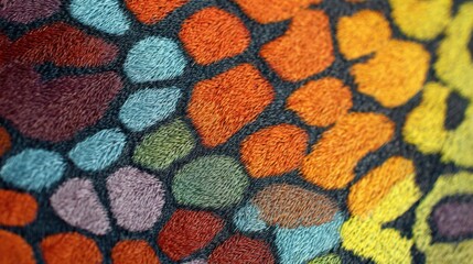 Vibrant and Colorful Textile Pattern Featuring an Intricate Design of Interlocking Shapes in a Multicolored Array of Textures and Tones
