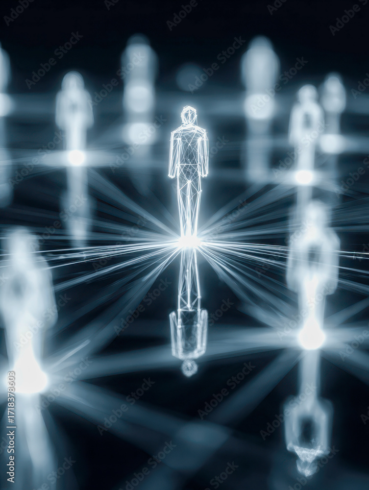 Poster glowing digital network of interconnected human figures symbolizing virtual communication and advanc