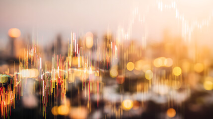 Blurred cityscape at dusk with overlaid financial candlestick chart data visualization