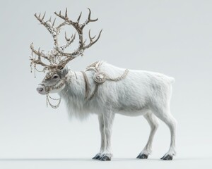 Elegantly Adorned Reindeer Displaying Intricate Antlers and Festive Accessories in a Studio Setting