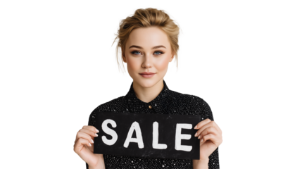 Ai young woman promotes sale event by holding sign with bold lettering in bright setting
