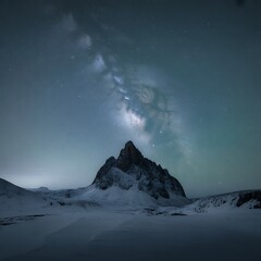 Majestic mountain peak under a starry night sky with aurora borealis