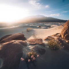 Golden hour sunset over a rocky beach with distant mountain and ocean waves