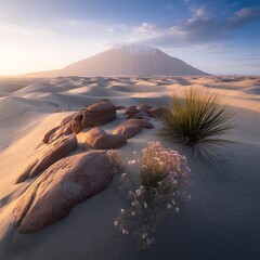 Vast desert landscape with a lone mountain under a golden sunrise sky